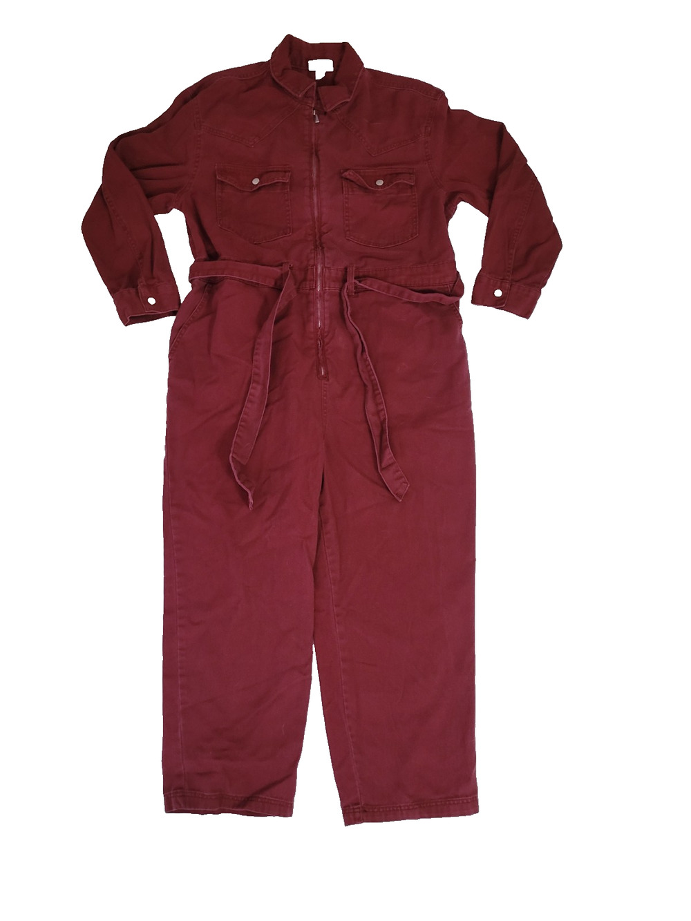 Future Collective Womens L Burgundy Denim Belted Utility Jumpsuit Long Sleeve